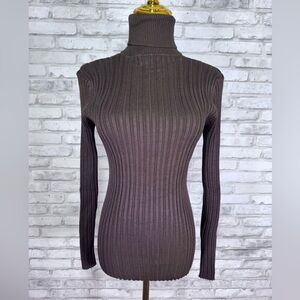 Ribbed Turtleneck Neck Long Sleeve Sweater - Dark Brown